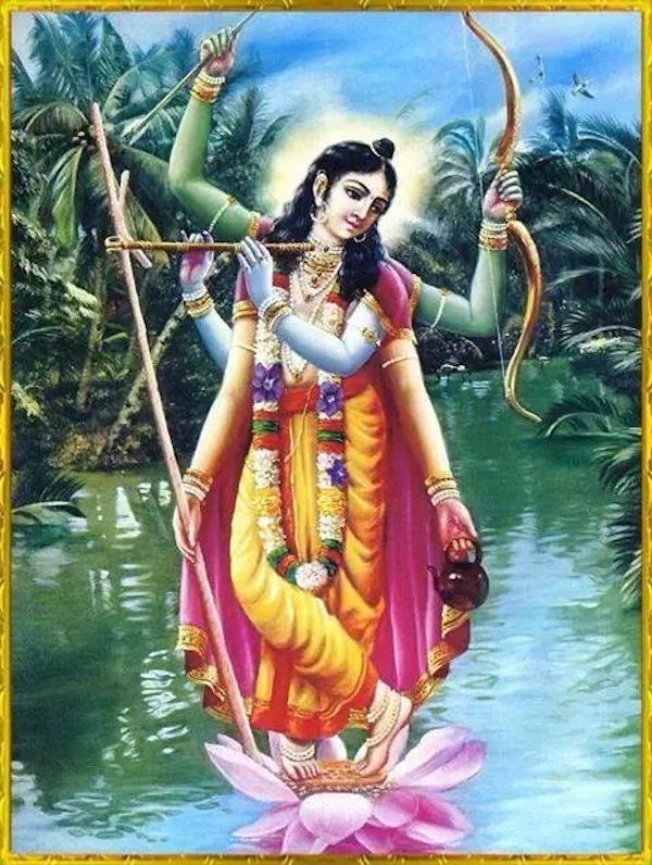 the hindu god is sitting on top of a lotus with an arrow in his hand