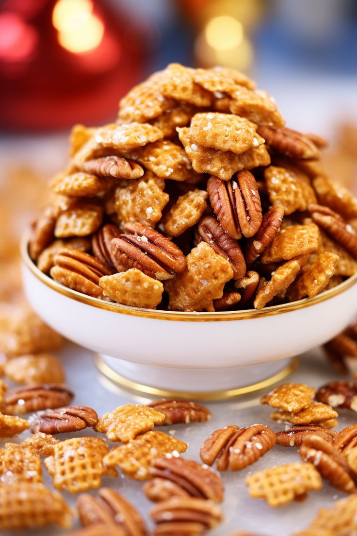 a white bowl filled with pecans on top of a table