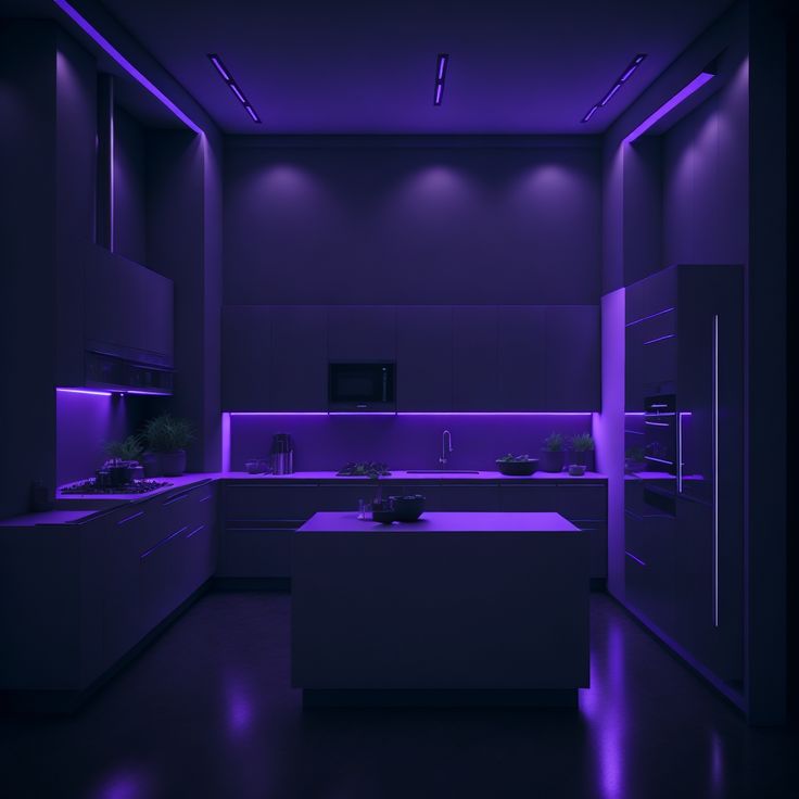 the kitchen is lit up with purple lighting