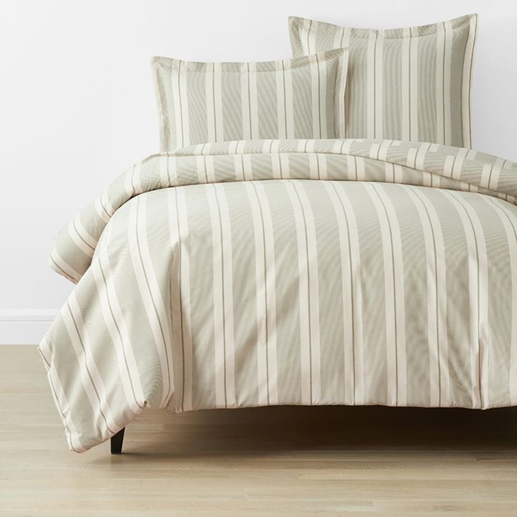 Pinstripe Bedding, Boho Master, Beach House Aesthetic, Percale Duvet Cover, Bed Duvet, Top Of Bed, Organic Cotton Bedding, Bungalow Renovation, Striped Bedding