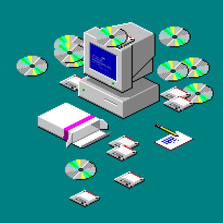 an old computer screen surrounded by cd disks and other objects on a blue background with white lines