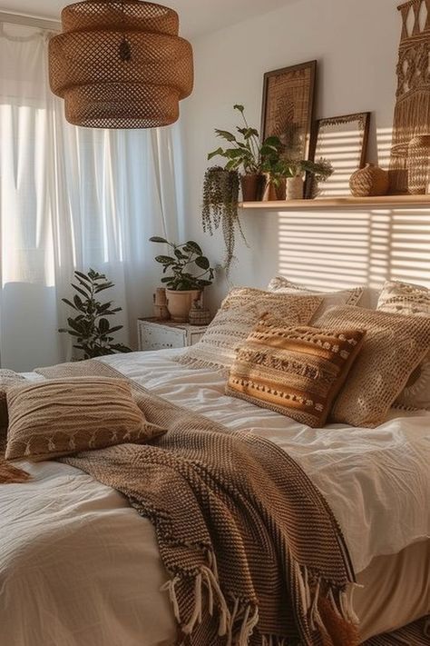 a large bed sitting in a bedroom next to a window filled with potted plants