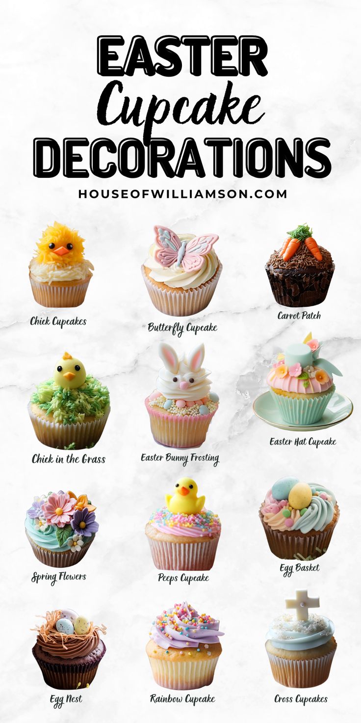 the easter cupcakes are decorated with different types of frosting and icing