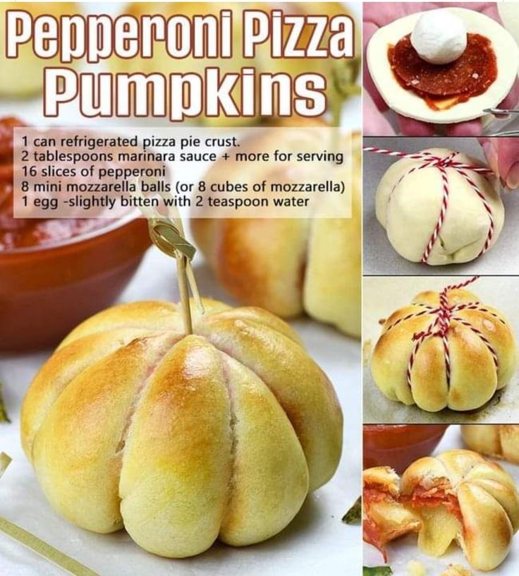 the instructions for how to make pepperoni pizza pumpkins are shown in several pictures