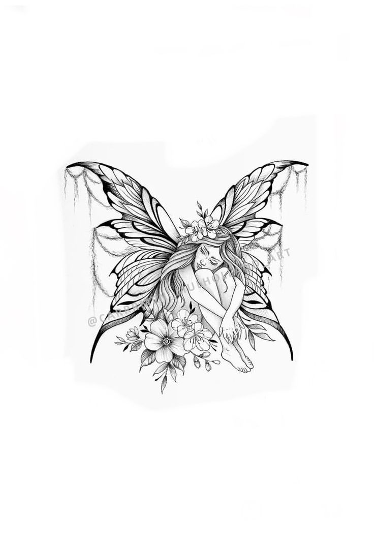 a black and white drawing of a fairy with flowers