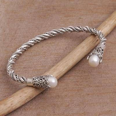 Pearl Cuff Bracelet Novica, Luxury Silver Bracelets For Diwali, Luxury Traditional Sterling Silver Bracelet With Intricate Design, Frangipani Flower, Pearl Cuff Bracelet, Cultured Pearl Bracelet, Pearl Cuff, Mens Bracelet Silver, Silver Chain Bracelet