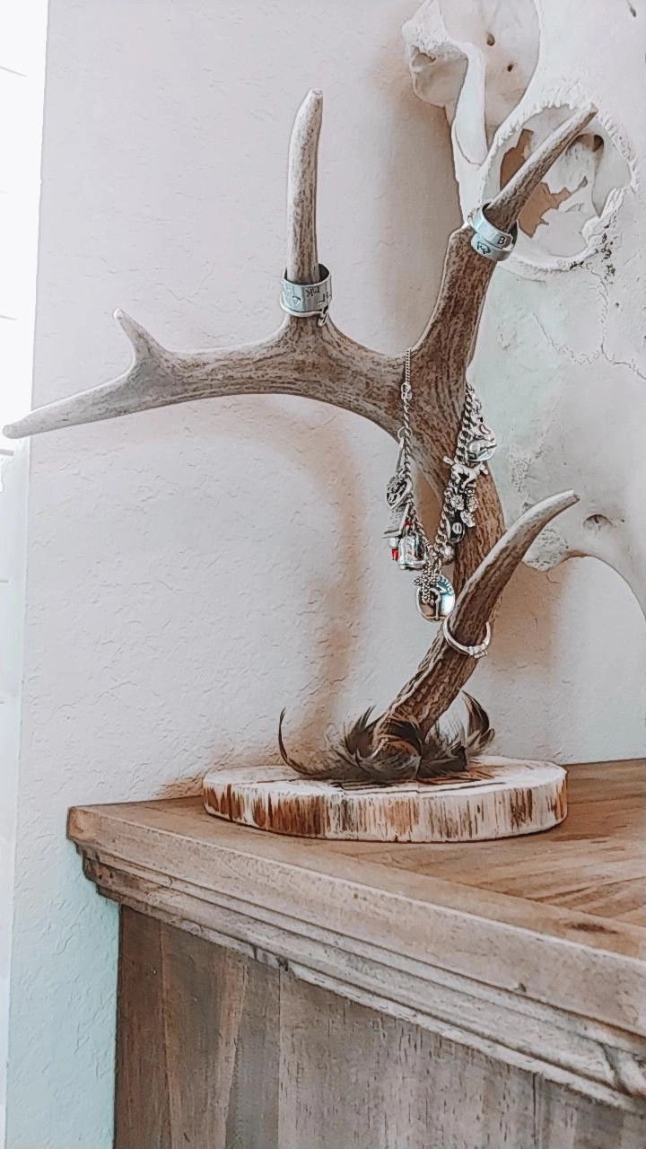 an antler on top of a wooden table next to a white wall