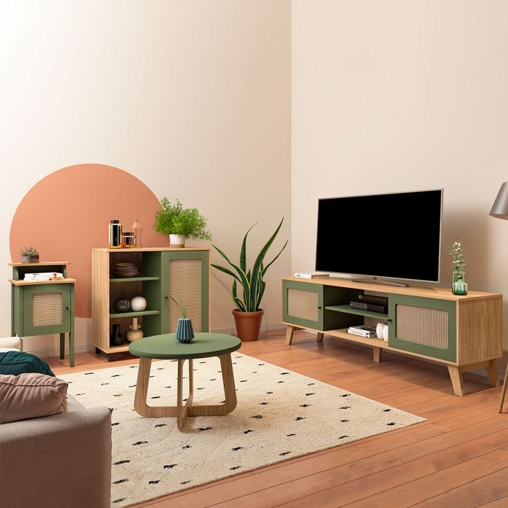 a living room with furniture and a flat screen tv on top of a wooden stand