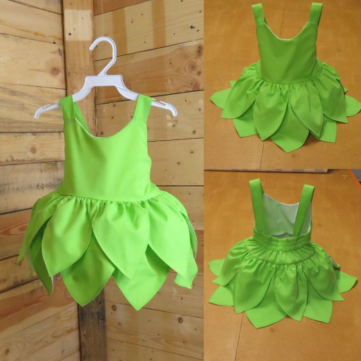 two pictures of the same green dress hanging on a wooden wall and another photo of it being cut out with scissors