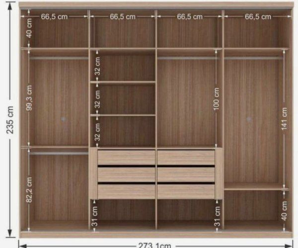 the measurements for a closet with drawers and shelves