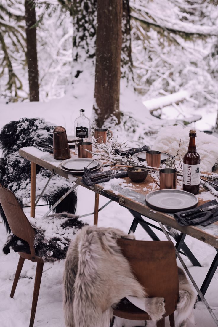 a table set up with plates and drinks in the snow, surrounded by pine trees