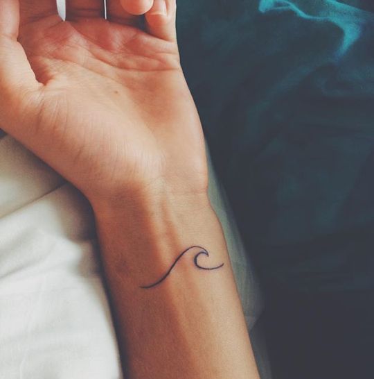 a woman's arm with a small wave tattoo on her left wrist and the word love written in cursive writing