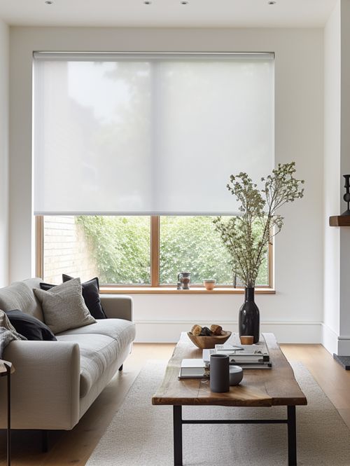 a living room with a couch, coffee table and large window covered in white roller shades