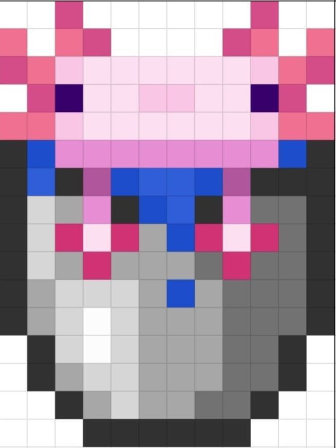 an image of a pixellated face with pink, blue and grey squares on it