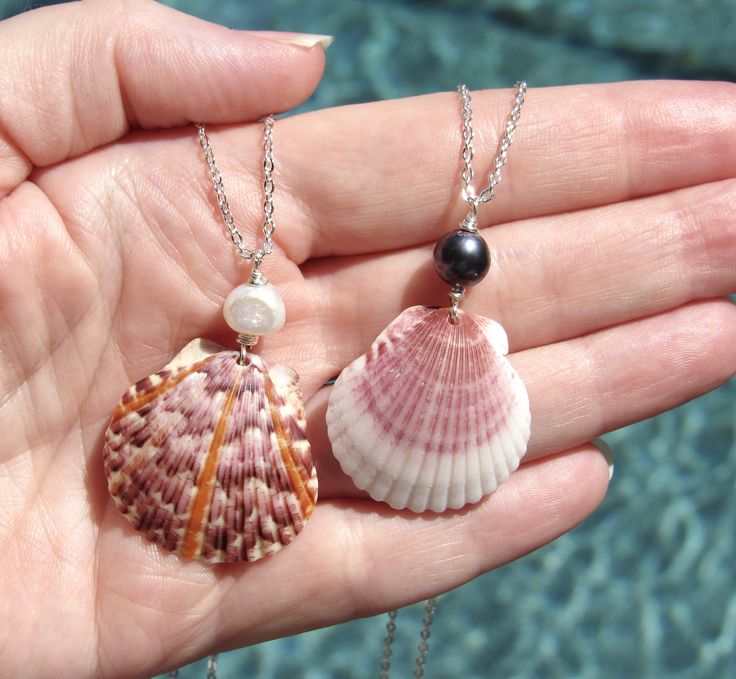 two seashells are shown in the palm of someone's hand, one with a black bead