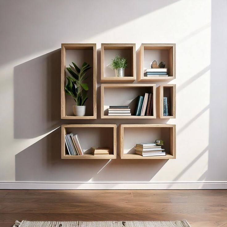 a wall shelf with books and plants on it