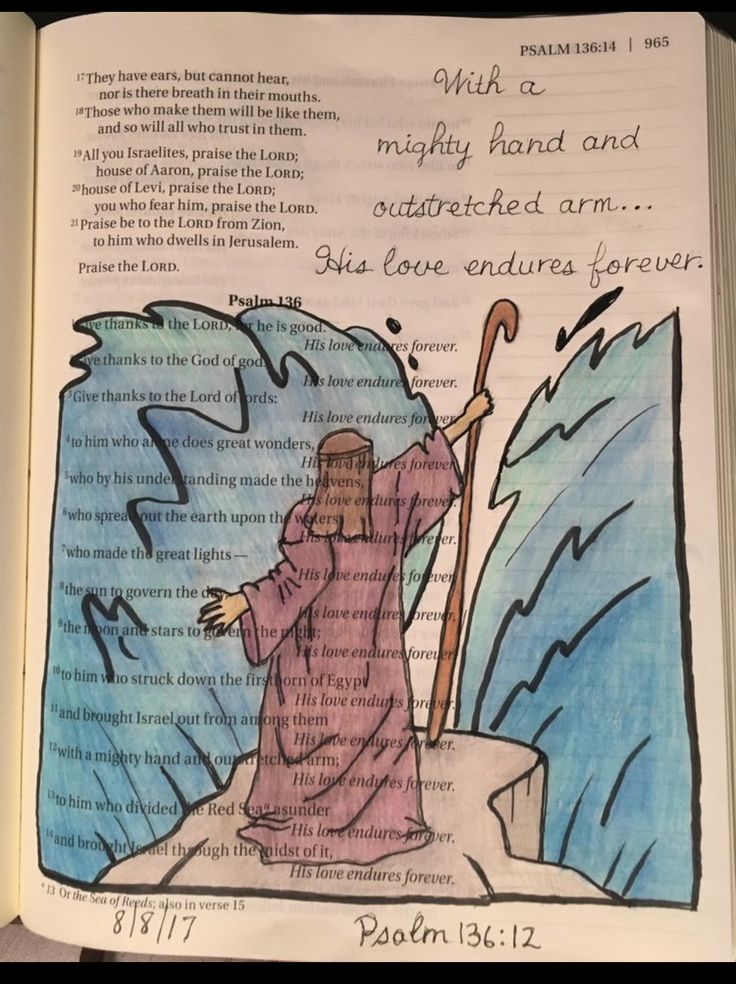 an open bible book with a drawing of jesus holding a staff and standing in the water