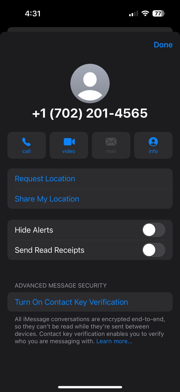 an iphone screen showing the settings and options for contact with someone on their cell phone