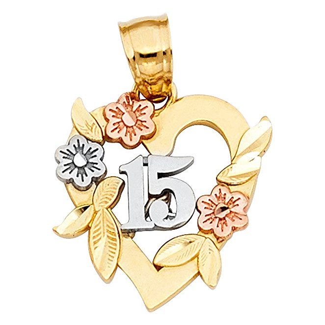 a gold heart shaped pendant with flowers and leaves on the front, number 15 in the center