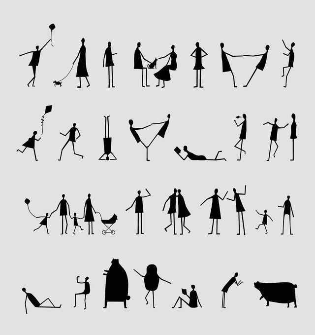 the silhouettes of people and animals are shown in black on a gray background,