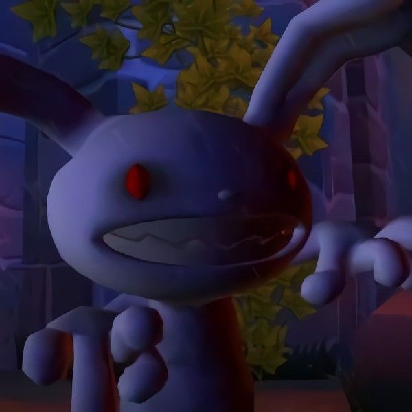 an animated rabbit with red eyes standing in front of trees