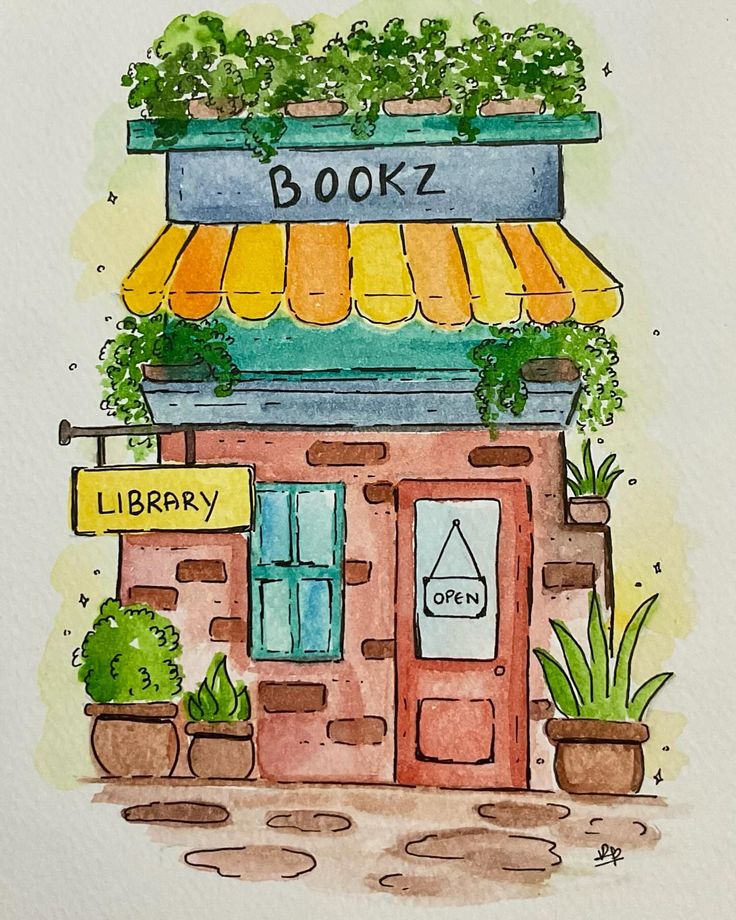 a drawing of a book store with plants on the front and yellow awnings