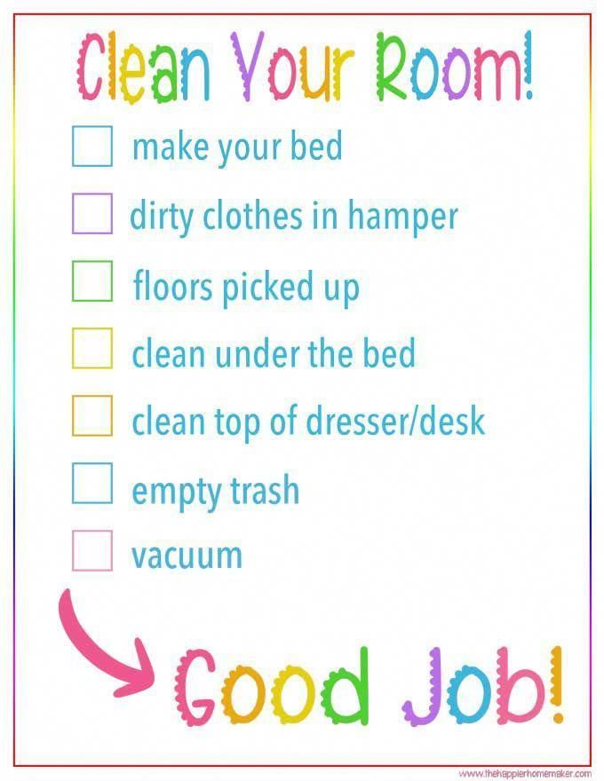 a checklist with the words clean your room written in rainbow colors and an arrow pointing to it