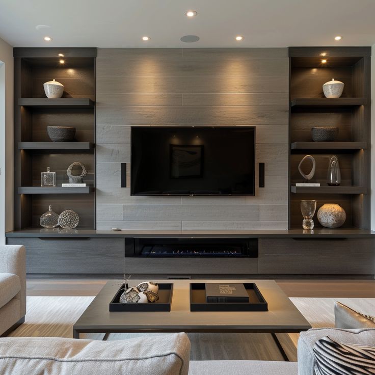 modern living room with built - in entertainment center and large screen tv on the wall