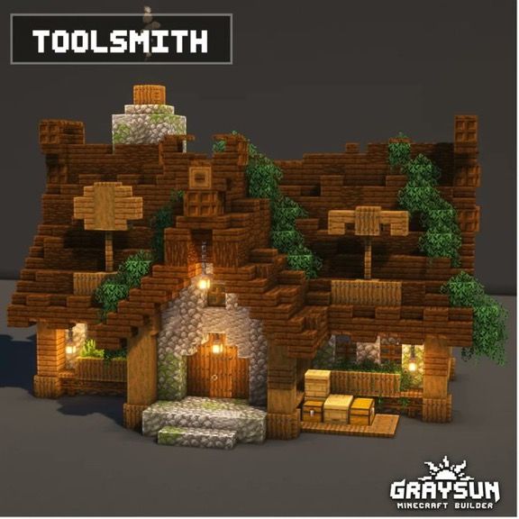 an image of a house made out of wood and rocks with the words toolsmith above it