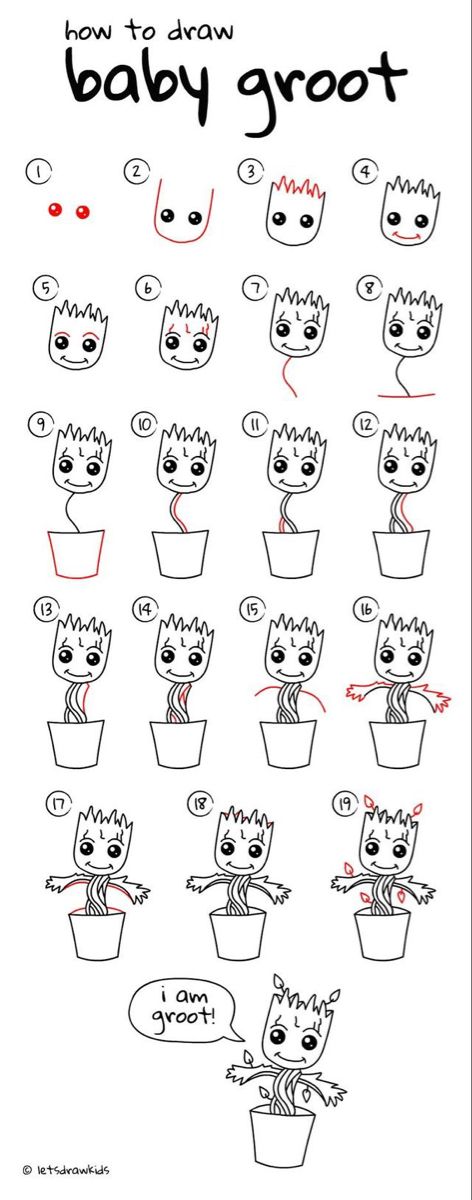 the instructions for how to draw a baby groot