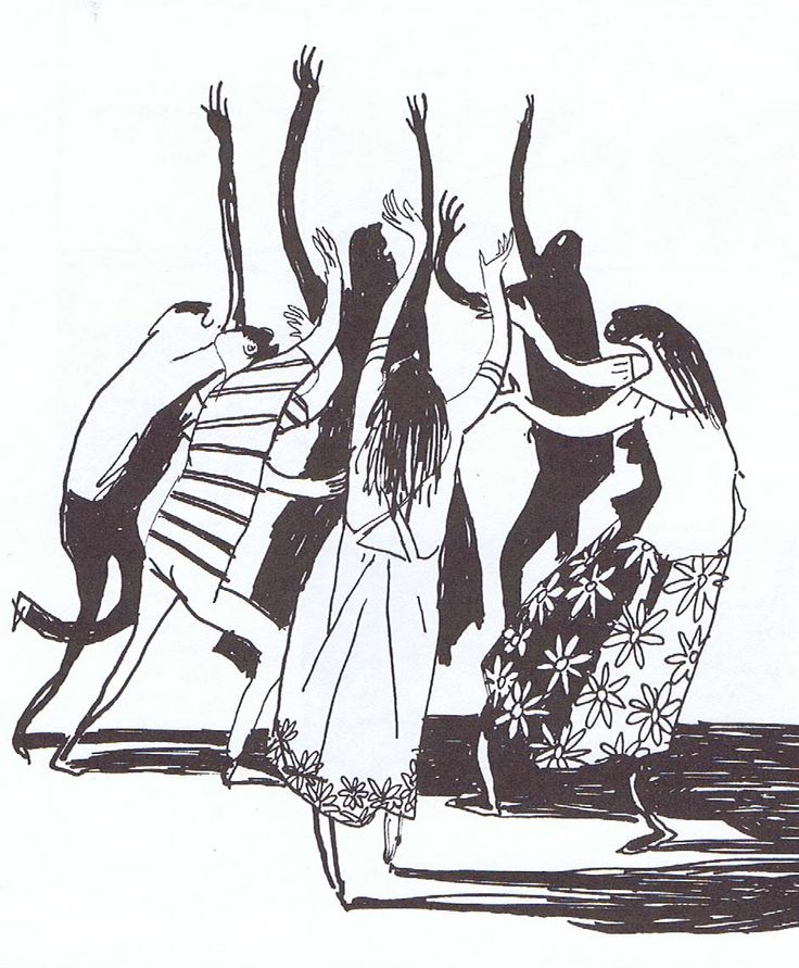 black and white drawing of three women dancing on the beach with their arms in the air