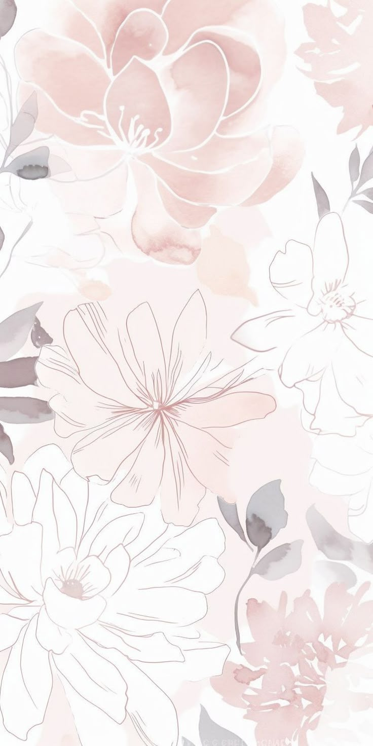 pink and gray flowers on a white background with watercolor effect in the bottom right corner