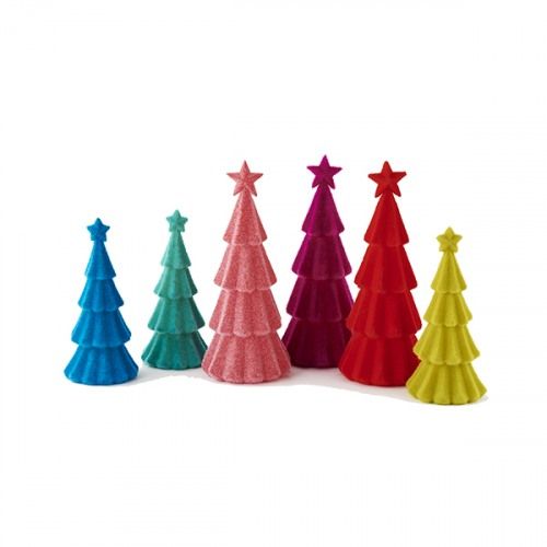 colorful plastic christmas trees are lined up in a row on a white surface, with one red star at the top