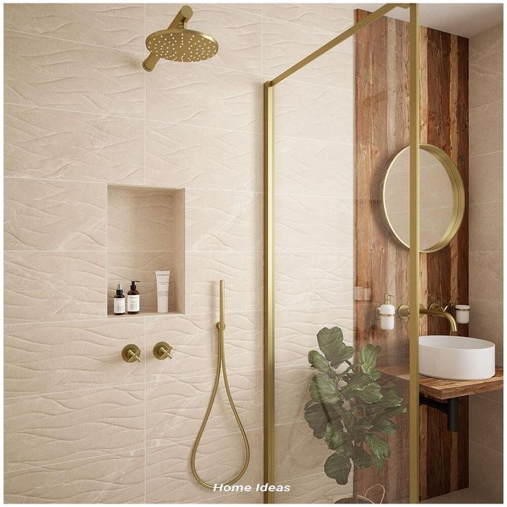 a bathroom with a shower, sink and mirror in it's corner area next to a wooden shelf