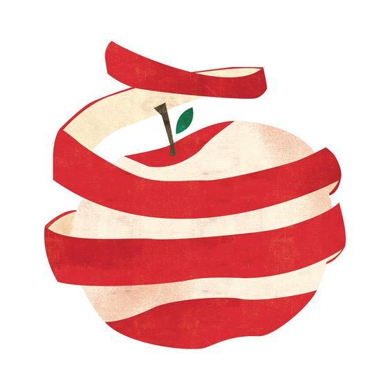 an apple painted in red and white stripes with a green leaf sticking out of it