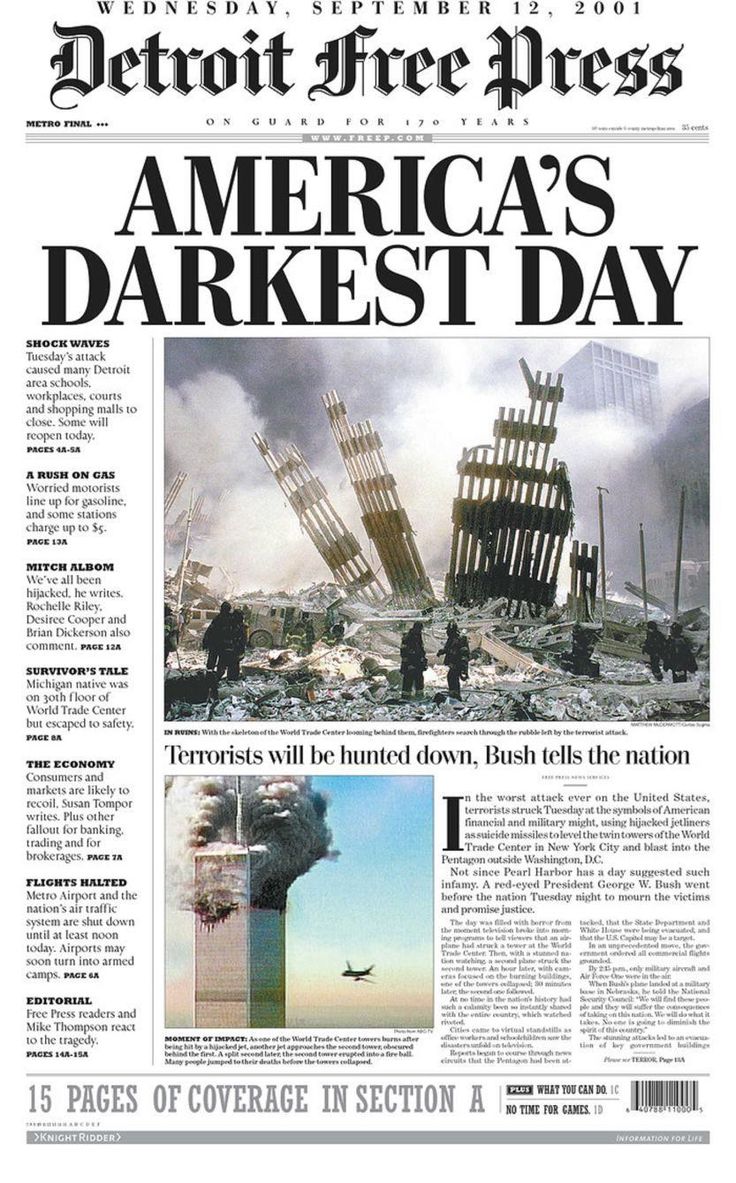 the front page of detroit free press on america's darkest day, with pictures of destroyed buildings