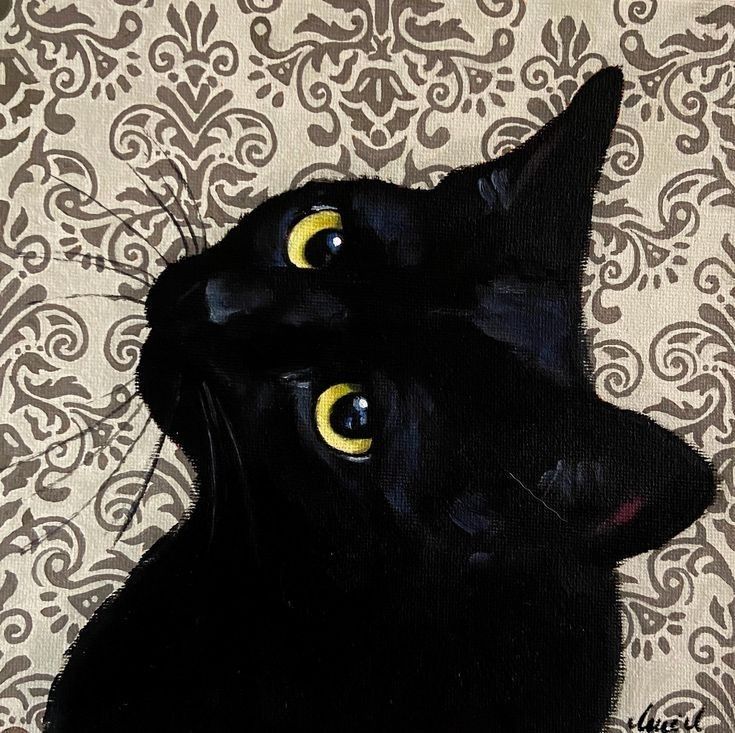 a painting of a black cat with yellow eyes