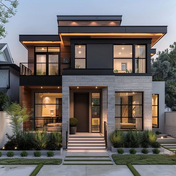 a modern house with lots of windows and steps leading up to the front door area