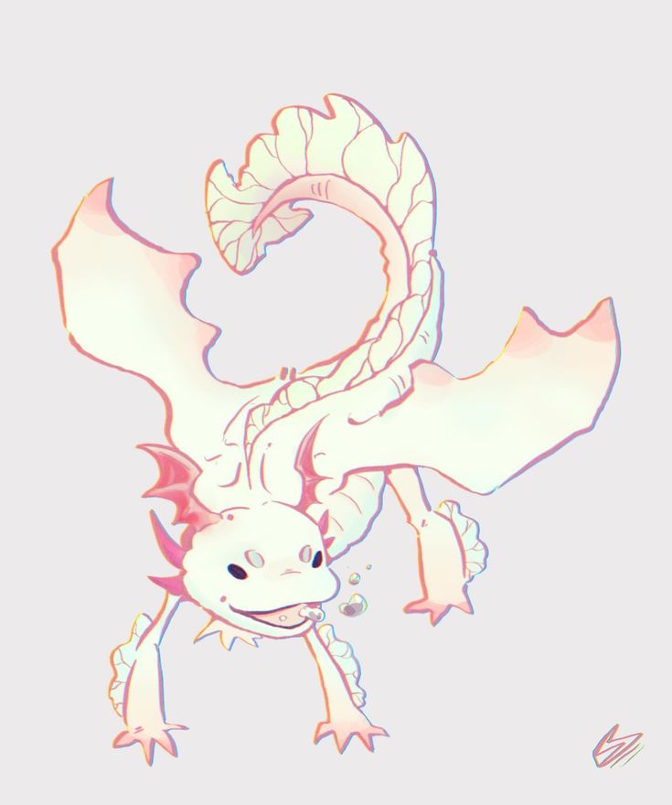 a drawing of a white dragon with pink wings