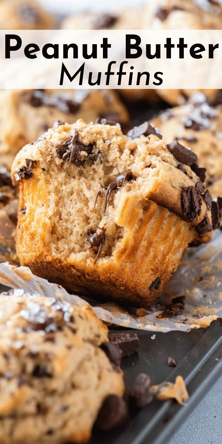 chocolate chip muffins with text overlay that reads, peanut butter muffins