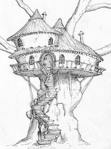 a drawing of a tree house with stairs