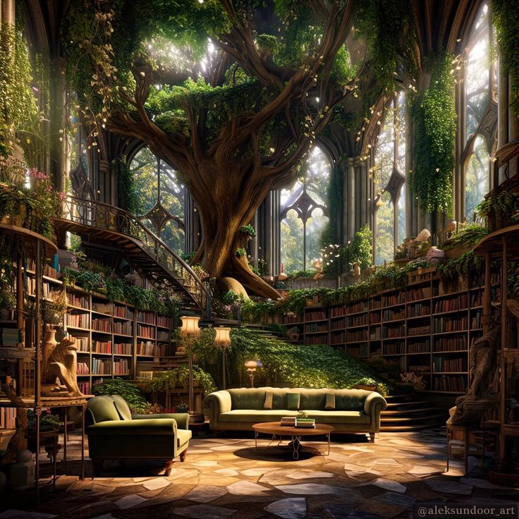 a large tree in the middle of a room filled with furniture and bookshelves