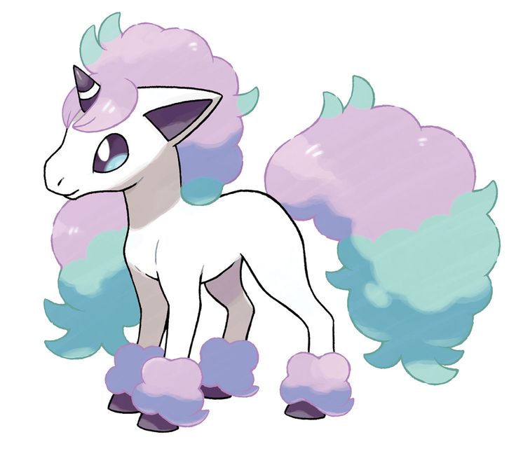 a drawing of a pony with blue and purple clouds around it's head, standing in front of a white background