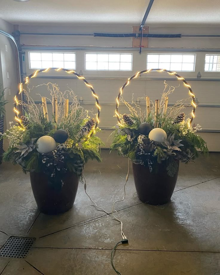 two large potted plants with lights in them