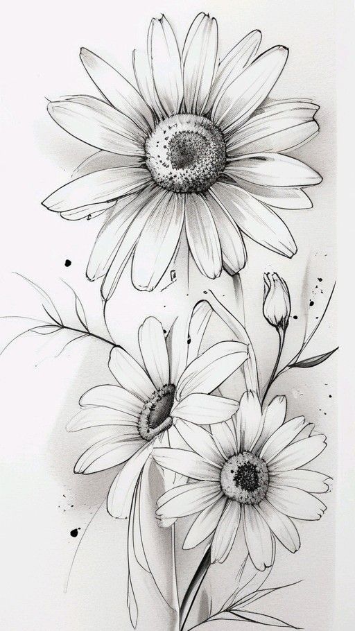 a drawing of three flowers on a white background