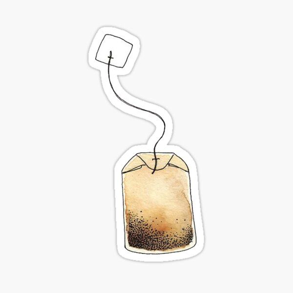 a sticker with an image of a tea bag flying through the air, on a white background