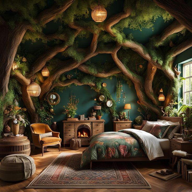 the bedroom is decorated in green and has lots of trees