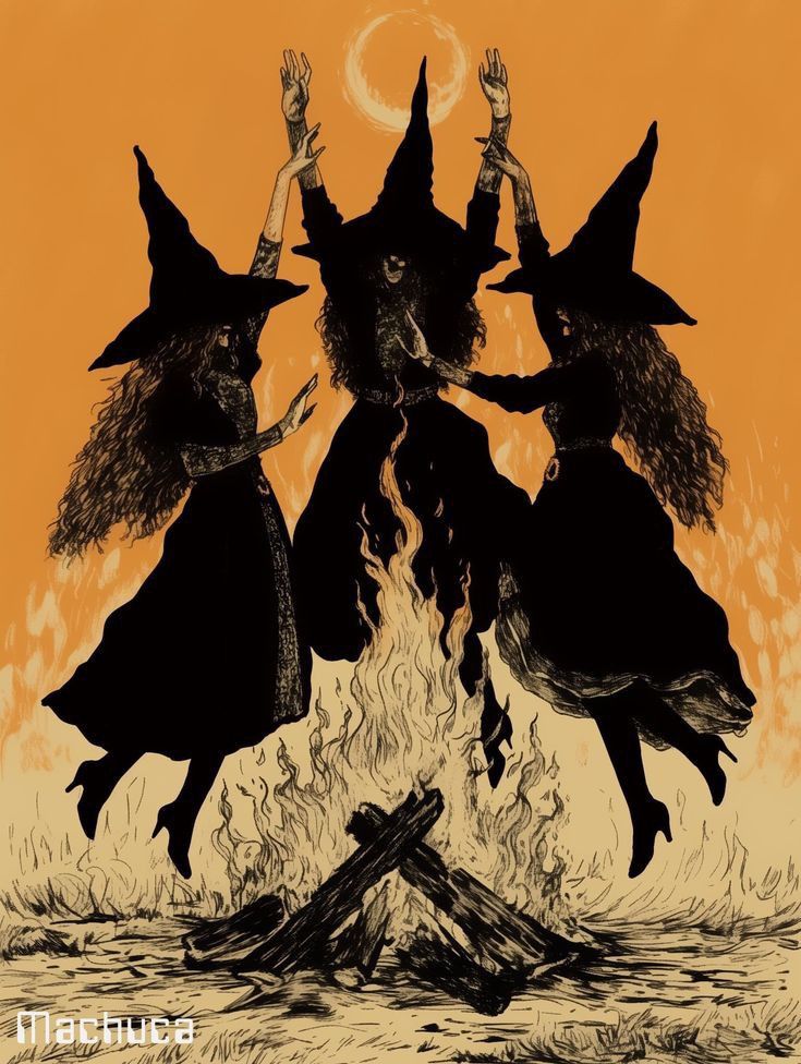 three witches dancing around a campfire in front of an orange sky