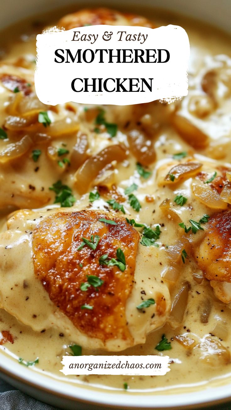 easy and tasty smothered chicken recipe in a white bowl with gravy