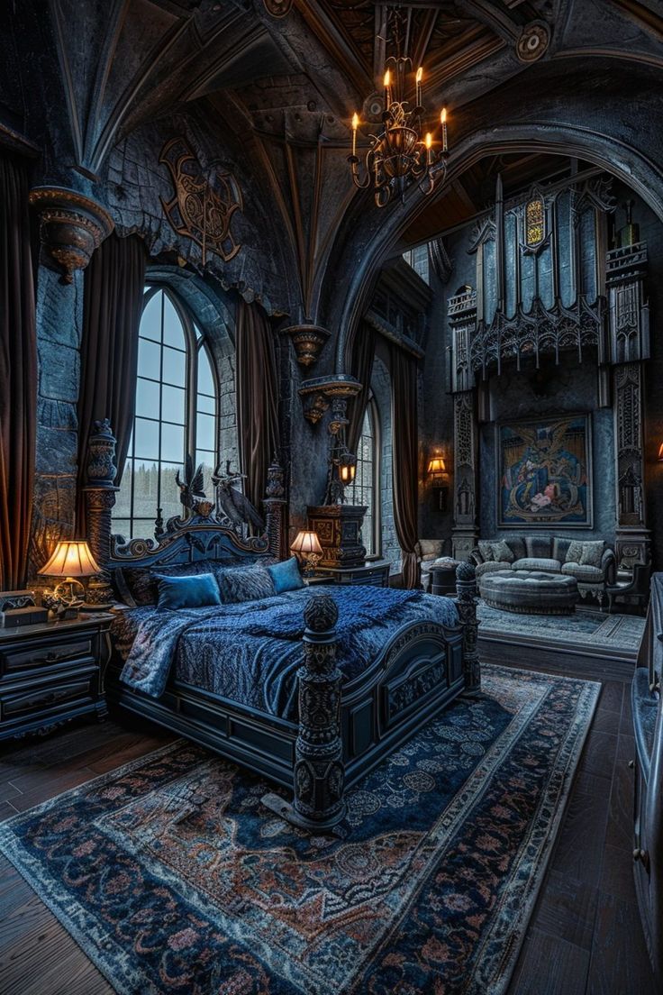 a large bedroom with an elaborate bed and chandelier in the middle of it